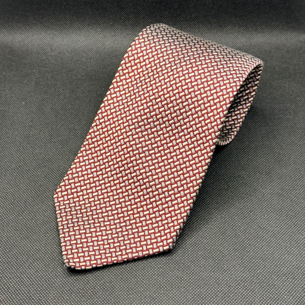 Faconnable Burgundy Basketweave Geometric Silk Tie France 4" x 60" Made in Italy